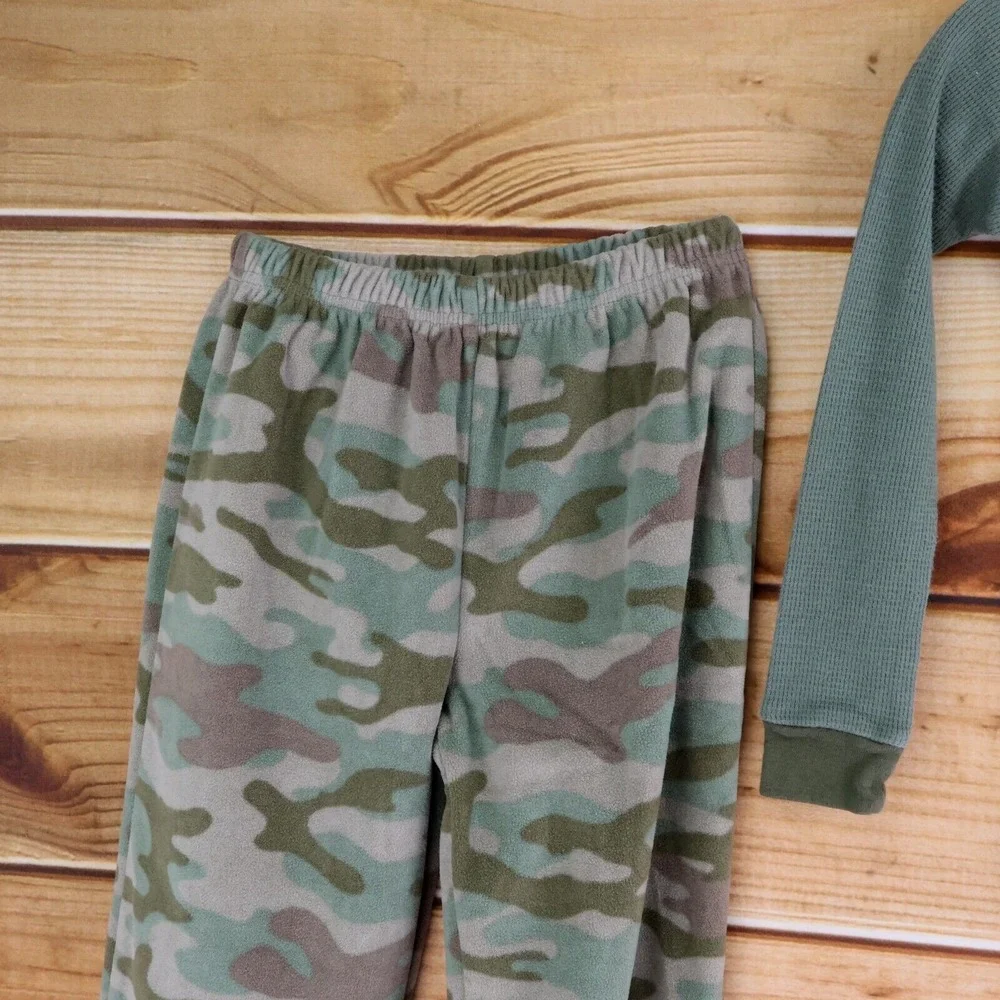 Carter's Pajama Outfit Set Pants Shirt Boys 6 Green‎ Camouflage Bear Fleece Soft